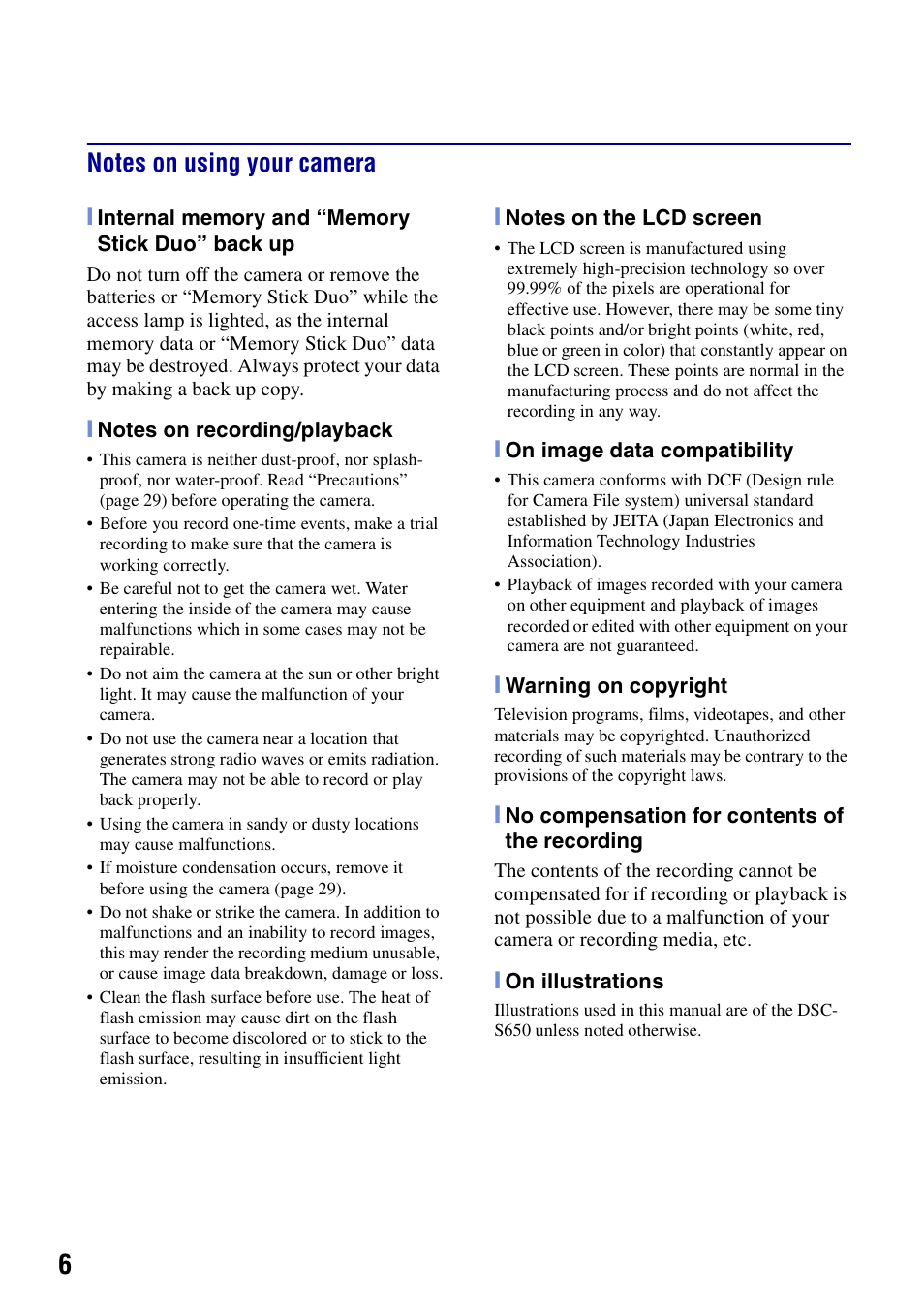 Notes on using your camera | Sony DSC-S650 User Manual | Page 6 / 64