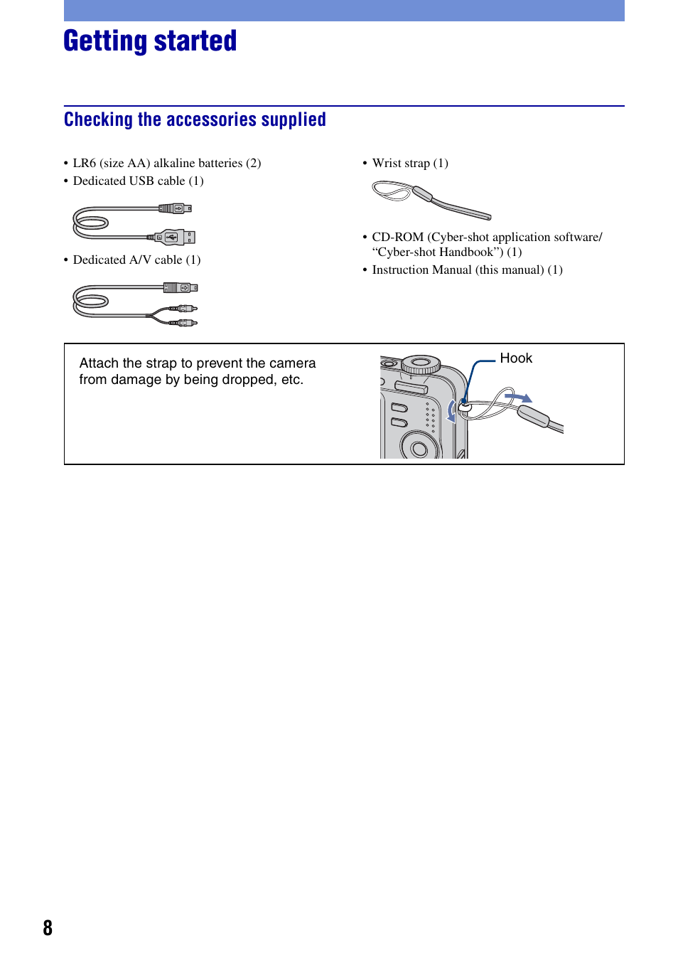 Getting started, Checking the accessories supplied | Sony DSC-S650 User Manual | Page 8 / 64