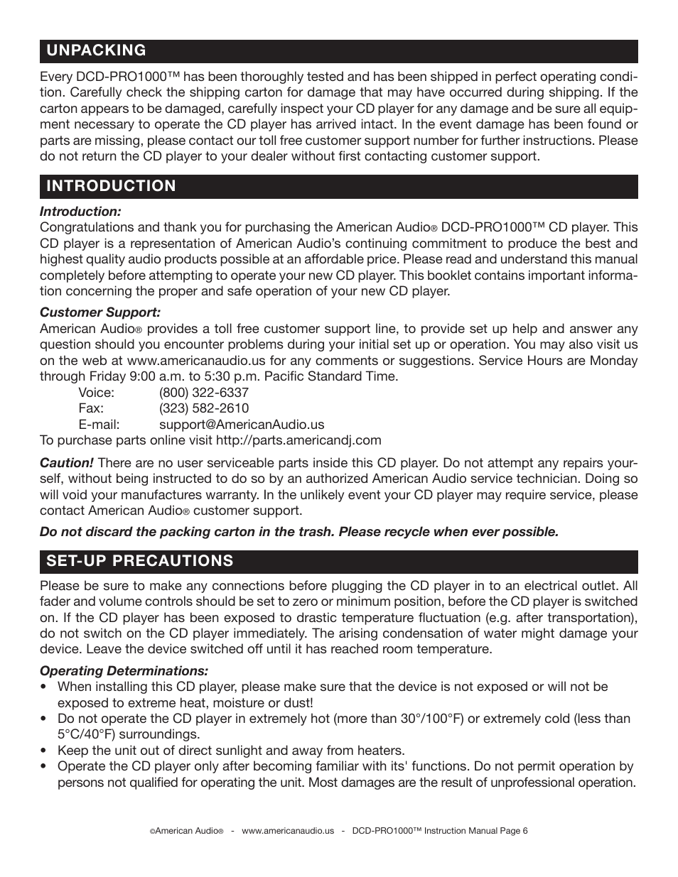 Introduction unpacking, Set-up precautions | American Audio DCD-PRO1000 User Manual | Page 6 / 36