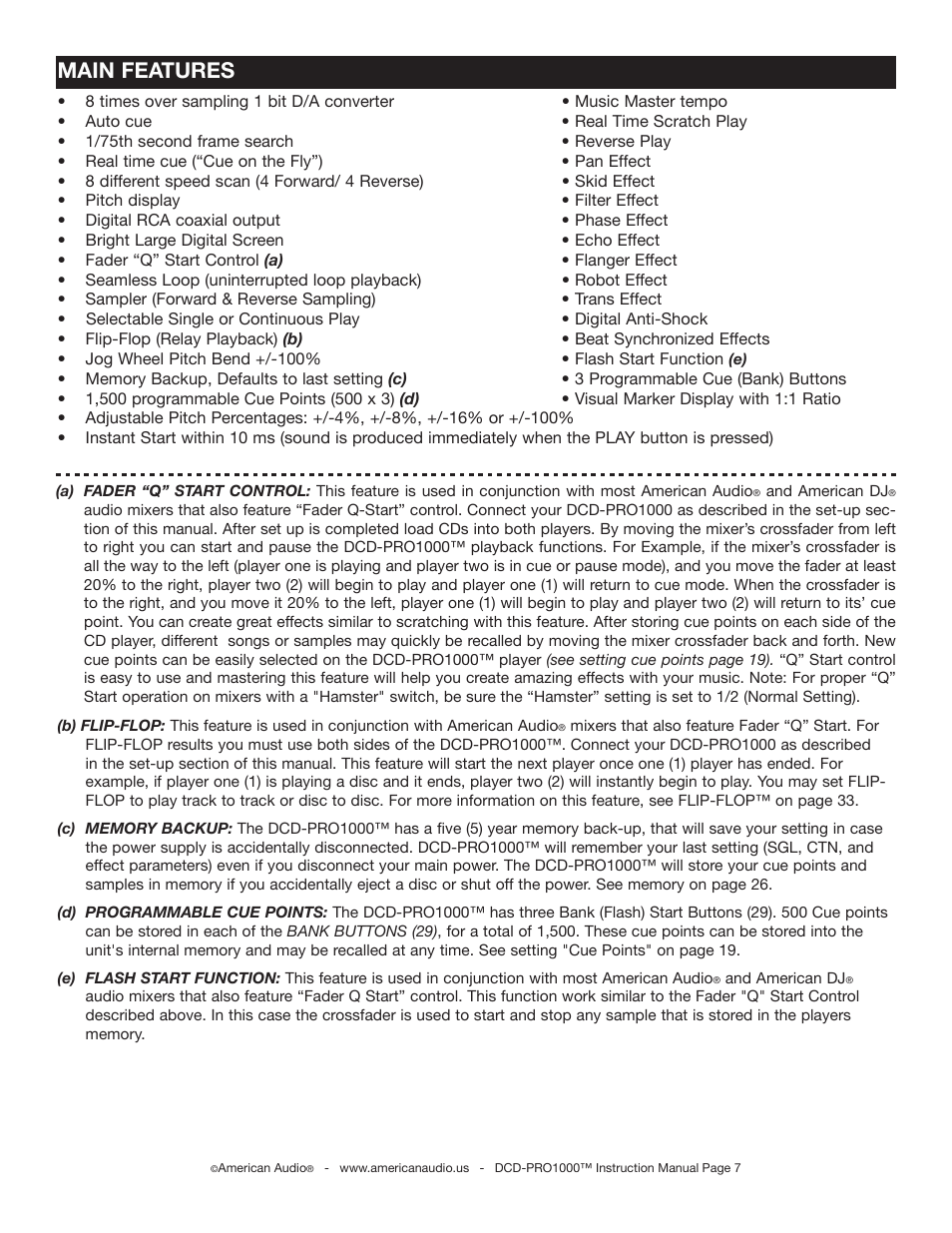 Main features | American Audio DCD-PRO1000 User Manual | Page 7 / 36