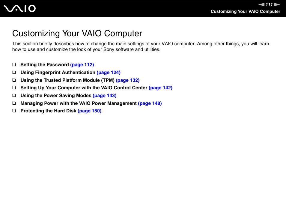 Customizing your vaio computer | Sony VGN-TT250N User Manual | Page 111 / 228