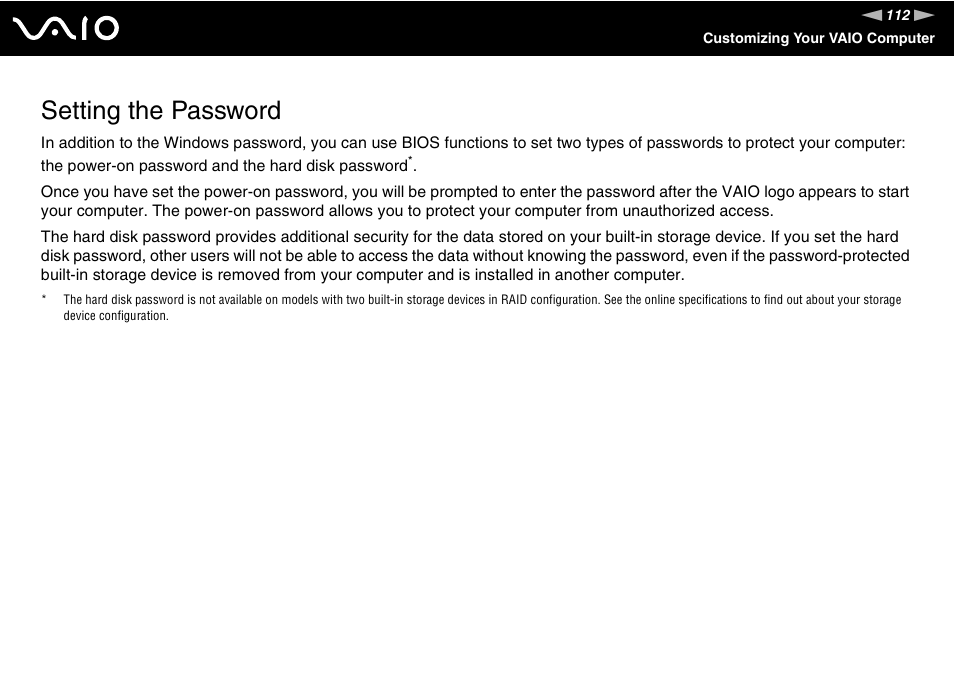 Setting the password | Sony VGN-TT250N User Manual | Page 112 / 228