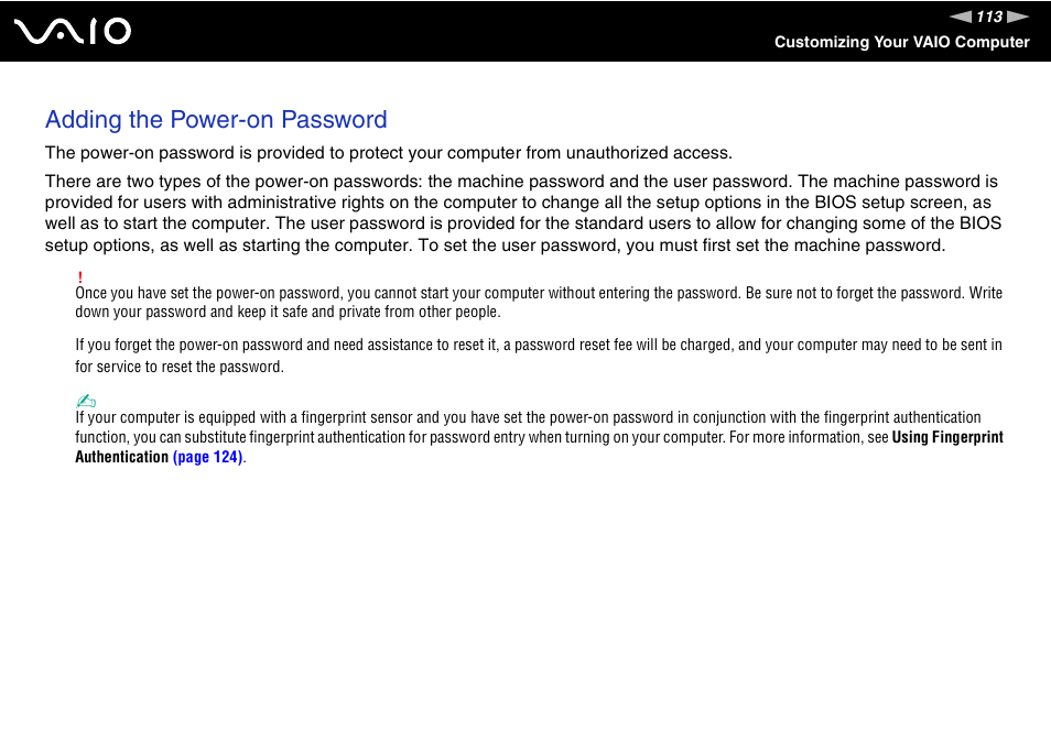 Adding the power-on password | Sony VGN-TT250N User Manual | Page 113 / 228