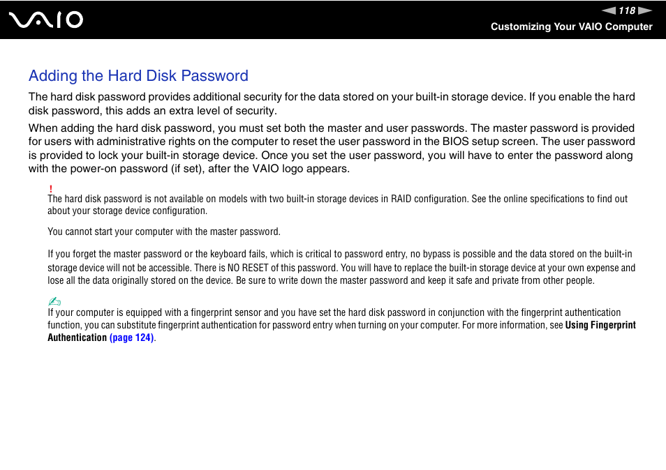 Adding the hard disk password | Sony VGN-TT250N User Manual | Page 118 / 228