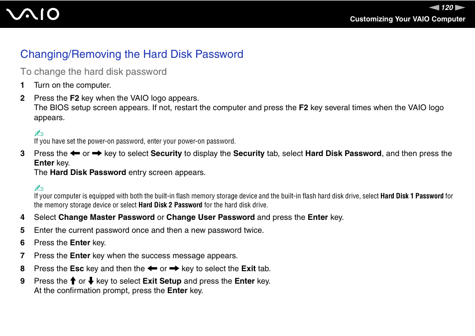 Changing/removing the hard disk password | Sony VGN-TT250N User Manual | Page 120 / 228