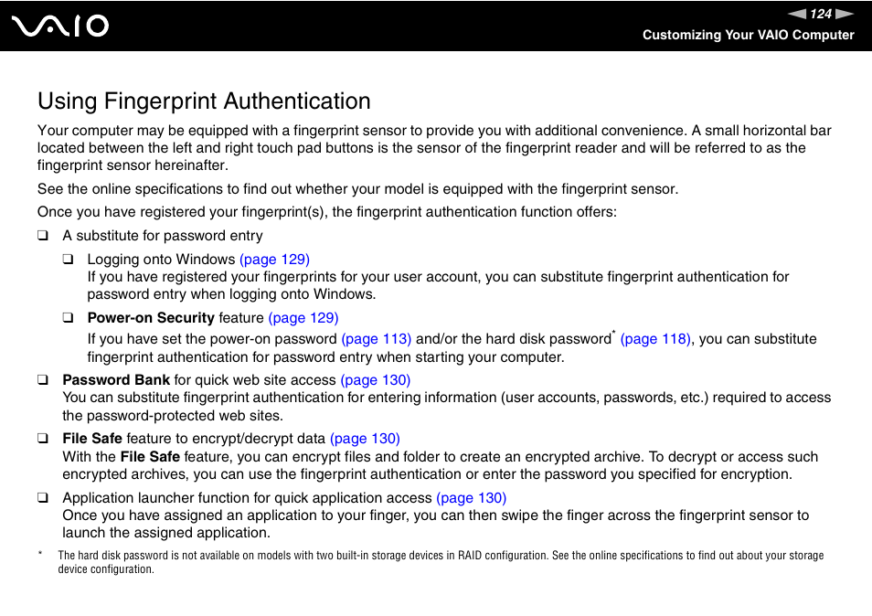 Using fingerprint authentication | Sony VGN-TT250N User Manual | Page 124 / 228