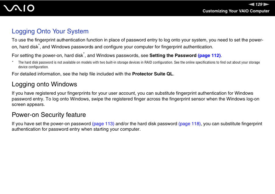 Logging onto your system, Logging onto windows, Power-on security feature | Sony VGN-TT250N User Manual | Page 129 / 228