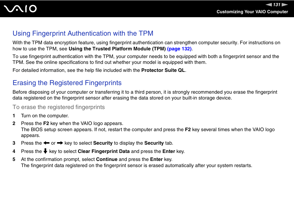 Using fingerprint authentication with the tpm, Erasing the registered fingerprints | Sony VGN-TT250N User Manual | Page 131 / 228