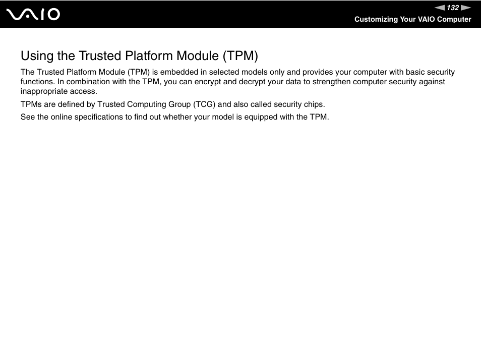 Using the trusted platform module (tpm) | Sony VGN-TT250N User Manual | Page 132 / 228