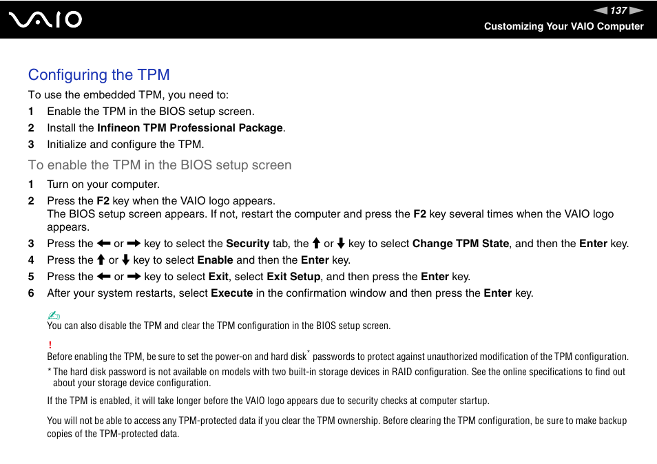 Configuring the tpm | Sony VGN-TT250N User Manual | Page 137 / 228