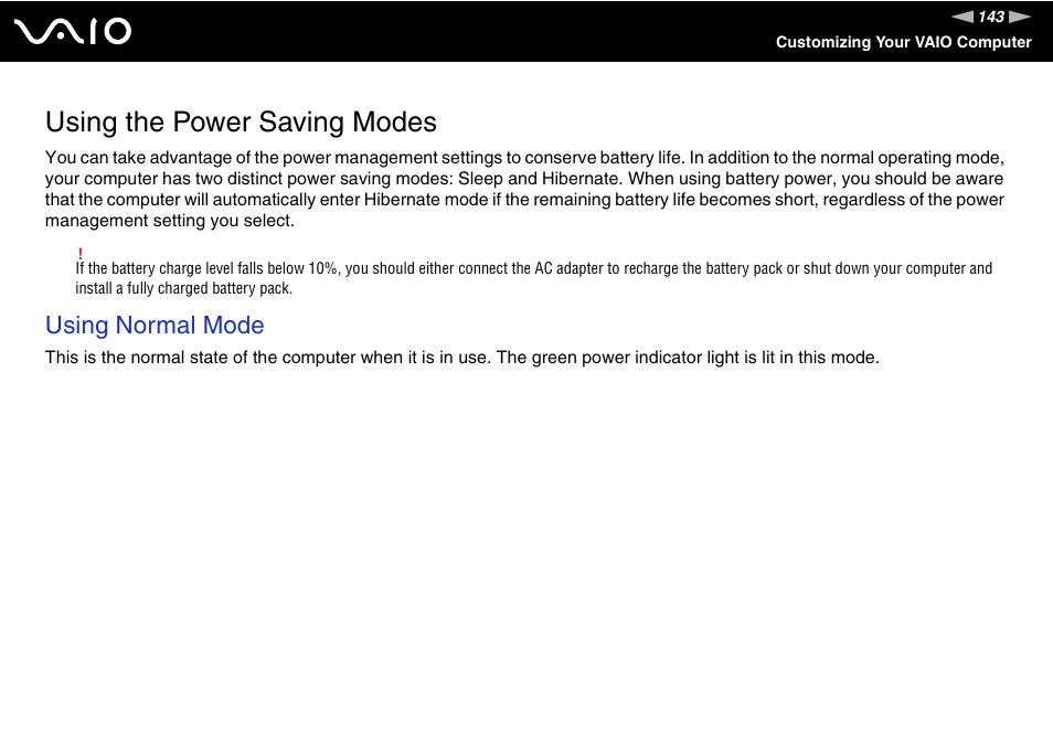 Using the power saving modes, Using normal mode | Sony VGN-TT250N User Manual | Page 143 / 228