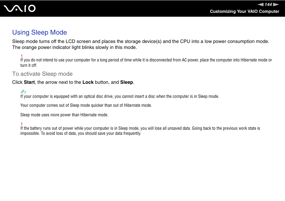 Using sleep mode | Sony VGN-TT250N User Manual | Page 144 / 228