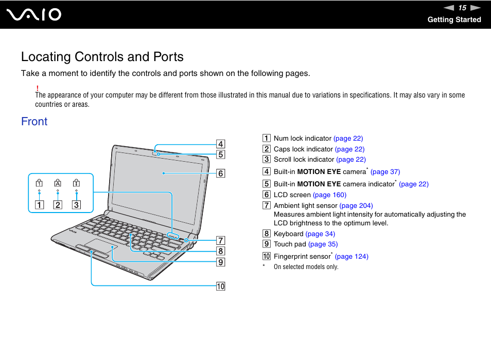 Locating controls and ports, Front | Sony VGN-TT250N User Manual | Page 15 / 228