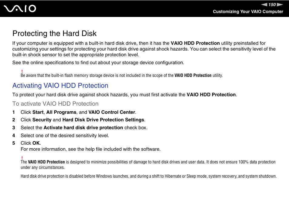 Protecting the hard disk, Activating vaio hdd protection | Sony VGN-TT250N User Manual | Page 150 / 228