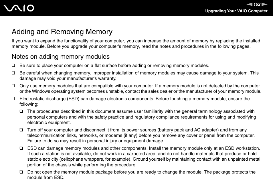 Adding and removing memory | Sony VGN-TT250N User Manual | Page 152 / 228