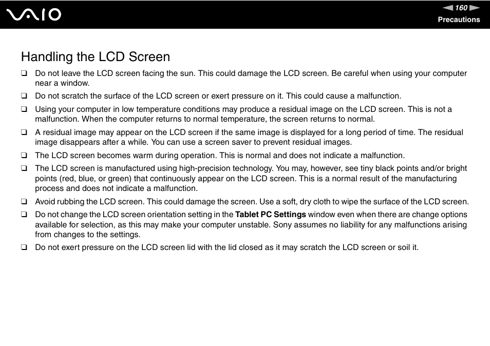 Handling the lcd screen | Sony VGN-TT250N User Manual | Page 160 / 228