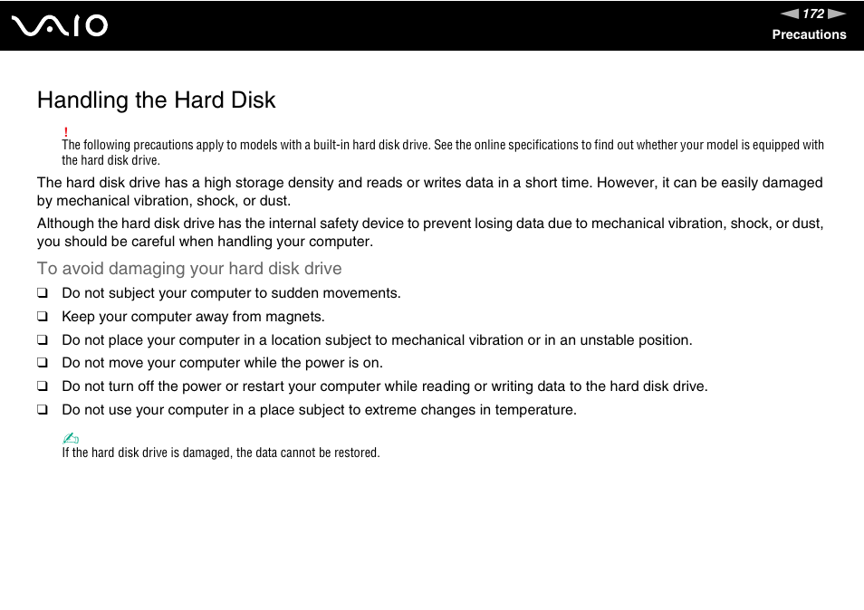 Handling the hard disk | Sony VGN-TT250N User Manual | Page 172 / 228