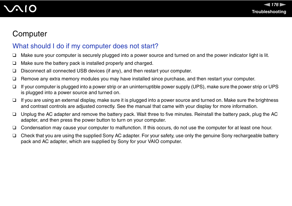 Computer, What should i do if my computer does not start | Sony VGN-TT250N User Manual | Page 176 / 228