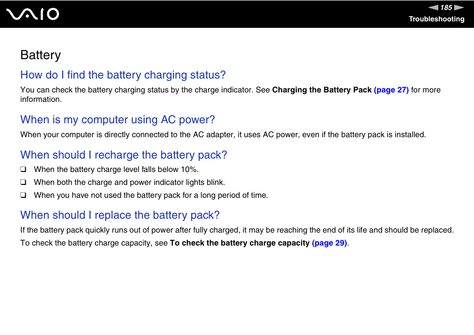 Battery, How do i find the battery charging status, When is my computer using ac power | When should i recharge the battery pack, When should i replace the battery pack | Sony VGN-TT250N User Manual | Page 185 / 228