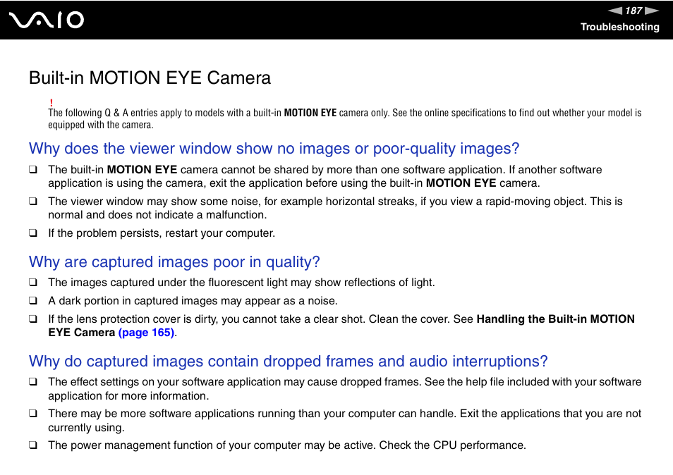 Built-in motion eye camera, Why are captured images poor in quality | Sony VGN-TT250N User Manual | Page 187 / 228