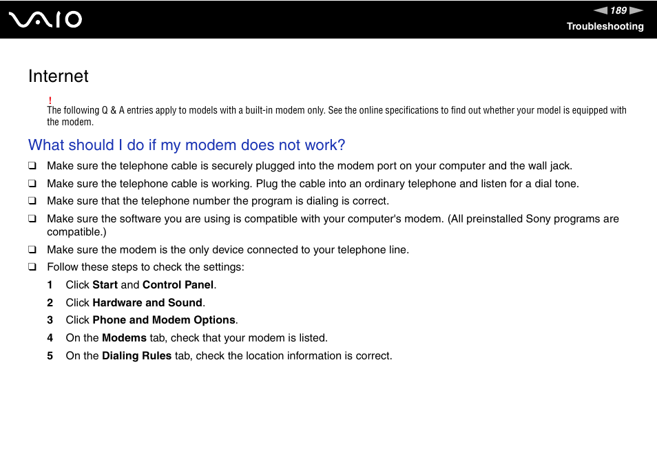 Internet, What should i do if my modem does not work | Sony VGN-TT250N User Manual | Page 189 / 228