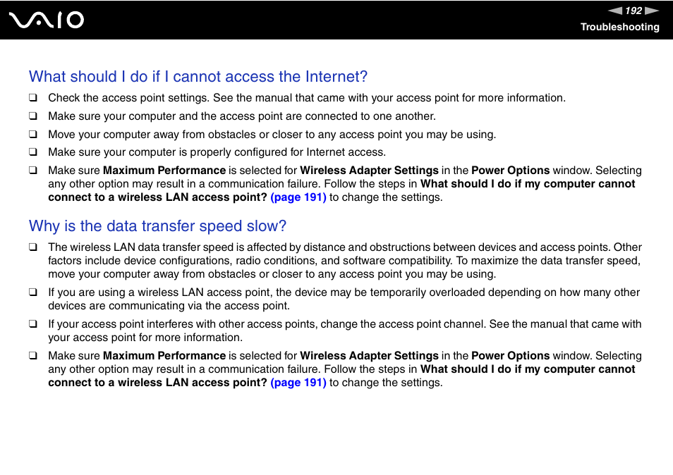 What should i do if i cannot access the internet, Why is the data transfer speed slow | Sony VGN-TT250N User Manual | Page 192 / 228