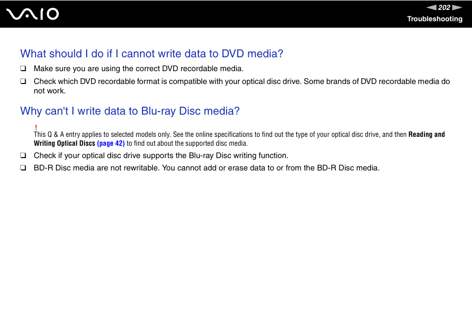 Why can't i write data to blu-ray disc media | Sony VGN-TT250N User Manual | Page 202 / 228