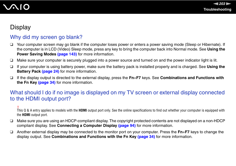 Display, Why did my screen go blank | Sony VGN-TT250N User Manual | Page 203 / 228