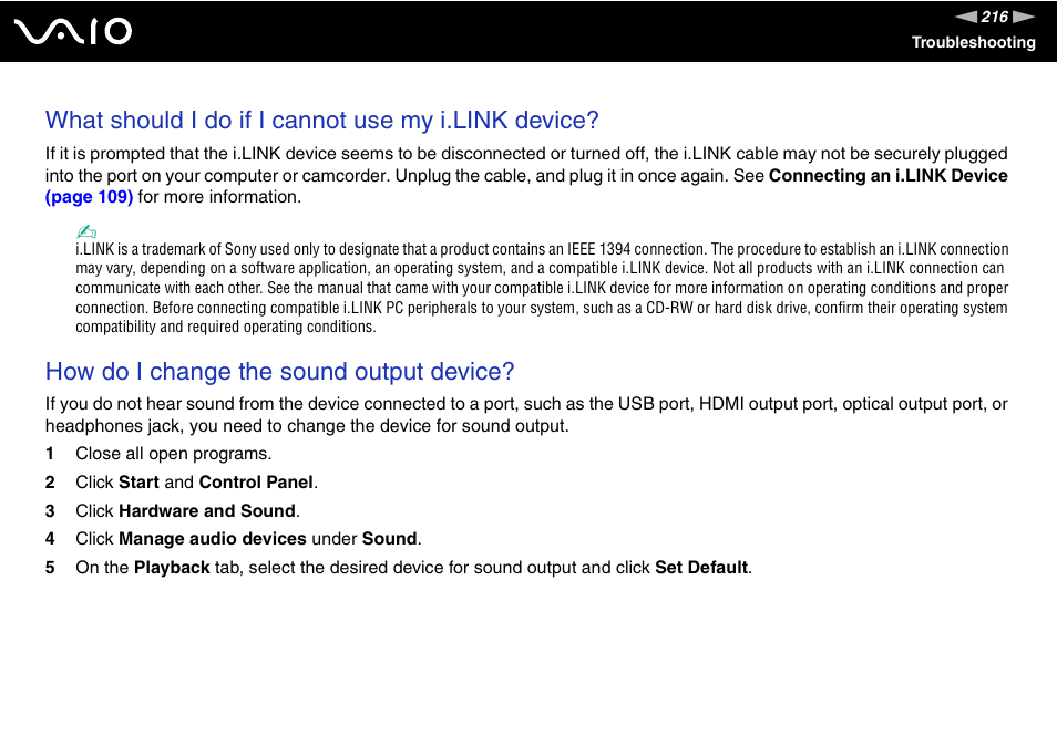 What should i do if i cannot use my i.link device, How do i change the sound output device | Sony VGN-TT250N User Manual | Page 216 / 228