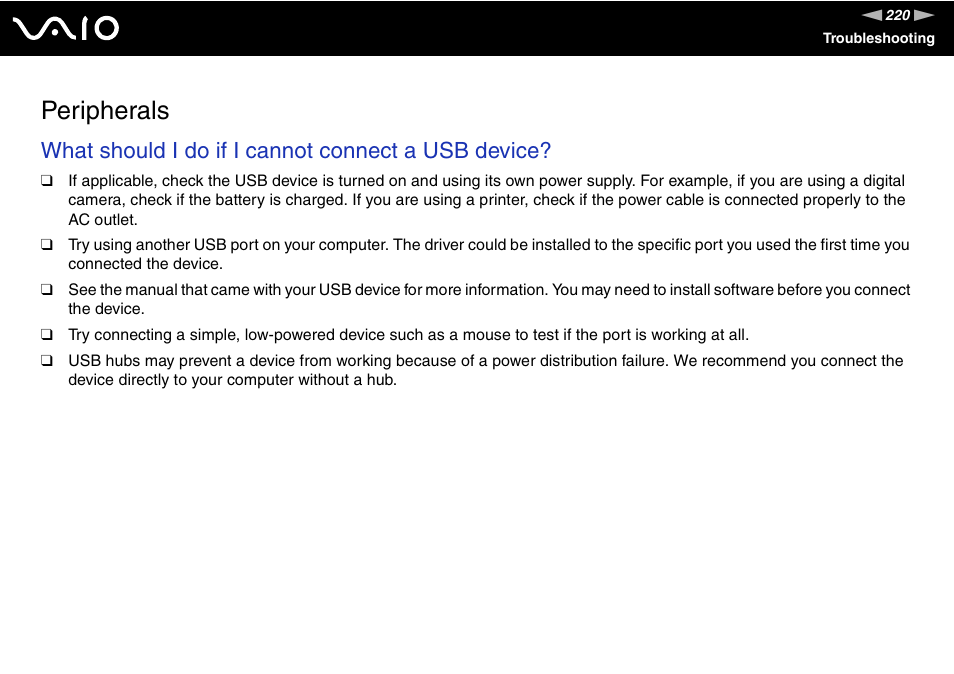 Peripherals, What should i do if i cannot connect a usb device | Sony VGN-TT250N User Manual | Page 220 / 228