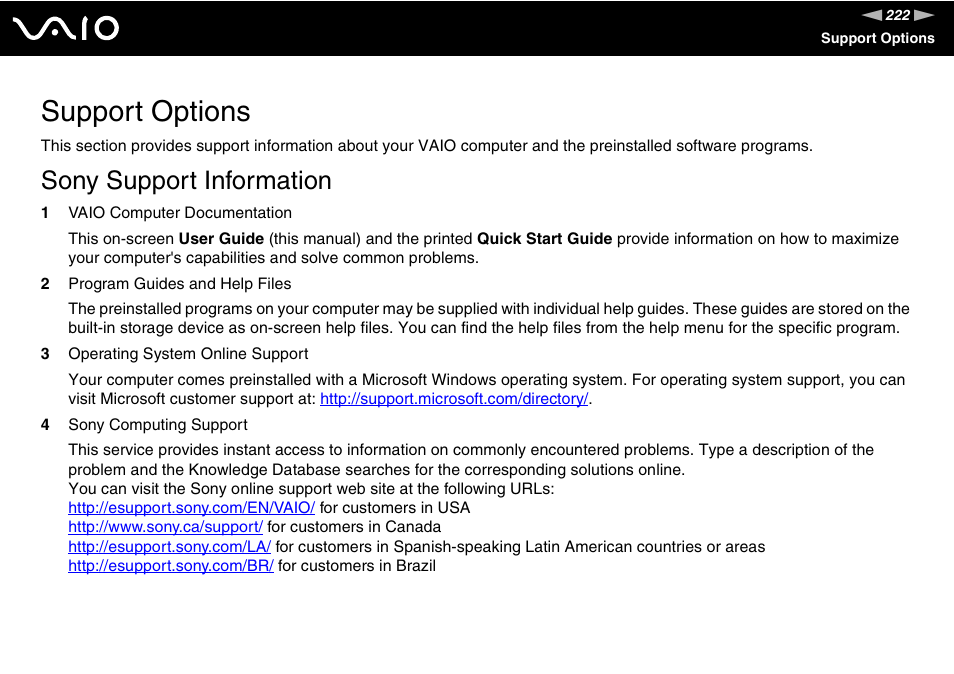 Support options, Sony support information, To vi | Sony VGN-TT250N User Manual | Page 222 / 228