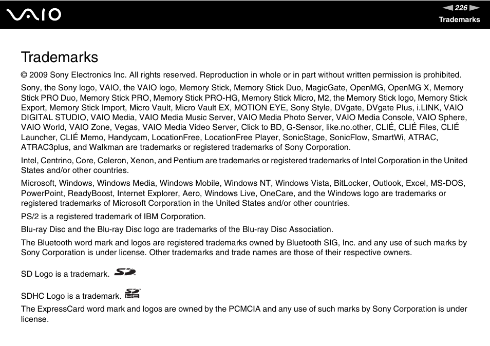 Trademarks | Sony VGN-TT250N User Manual | Page 226 / 228