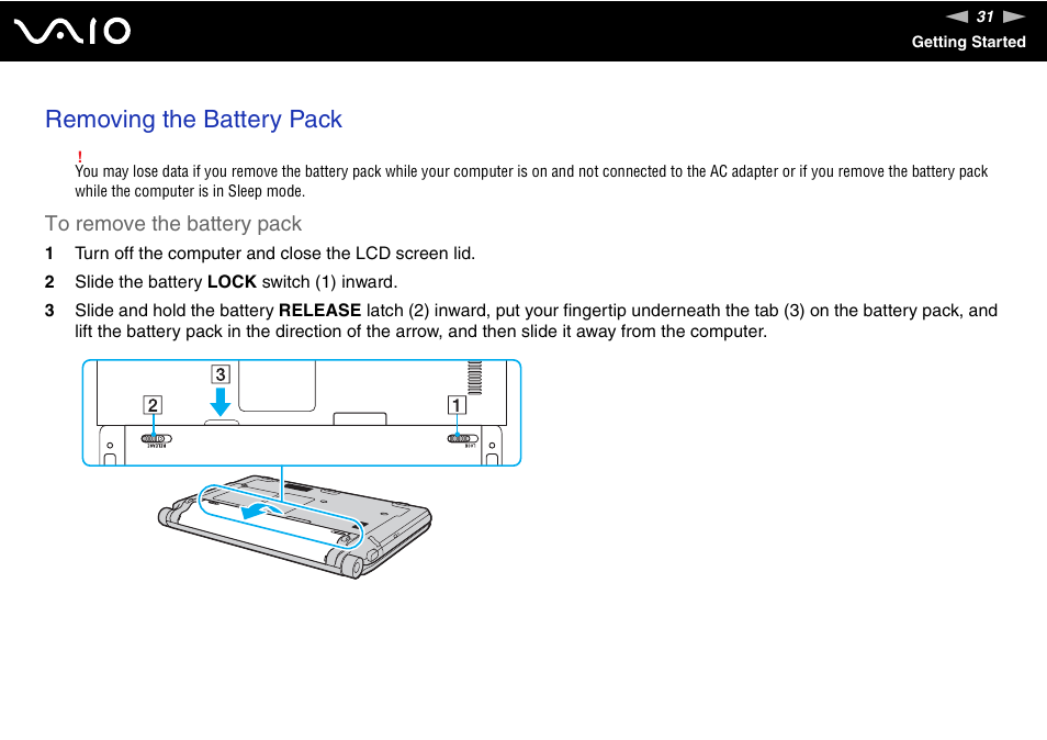 Removing the battery pack | Sony VGN-TT250N User Manual | Page 31 / 228