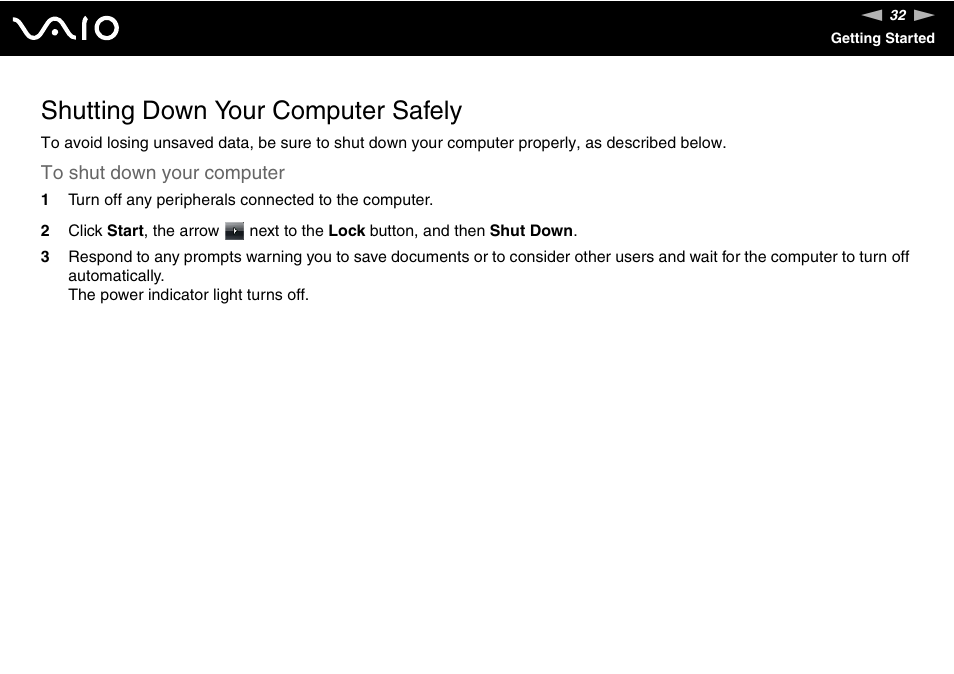 Shutting down your computer safely | Sony VGN-TT250N User Manual | Page 32 / 228