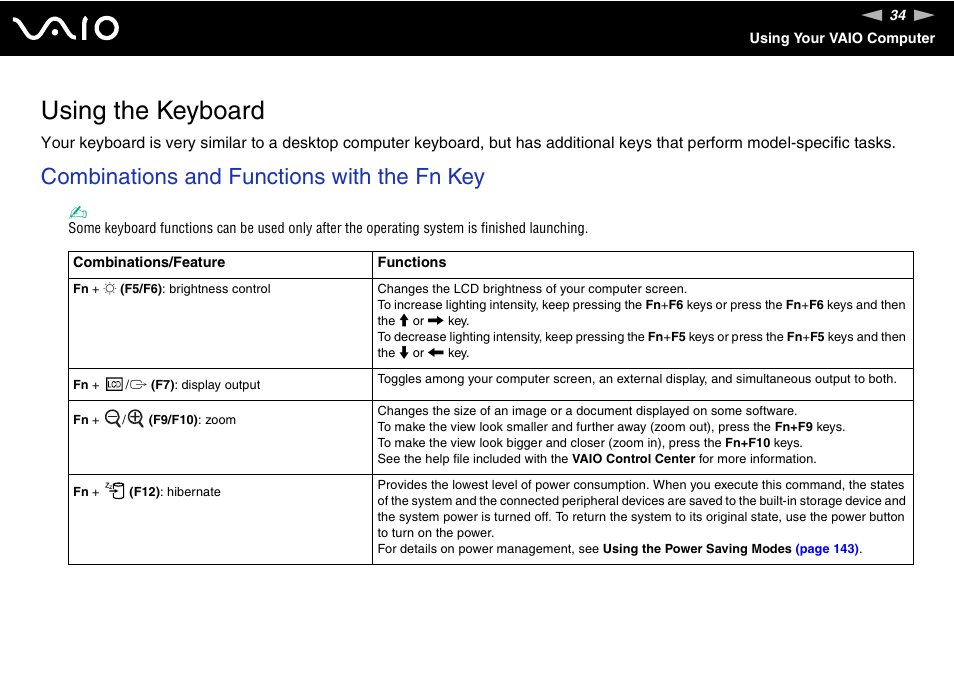 Using the keyboard, Combinations and functions with the fn key | Sony VGN-TT250N User Manual | Page 34 / 228