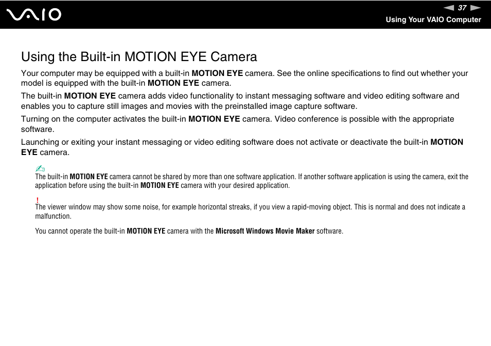 Using the built-in motion eye camera | Sony VGN-TT250N User Manual | Page 37 / 228