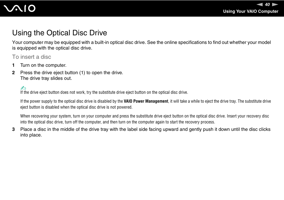 Using the optical disc drive | Sony VGN-TT250N User Manual | Page 40 / 228