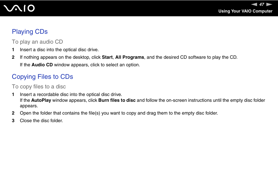 Playing cds, Copying files to cds | Sony VGN-TT250N User Manual | Page 47 / 228