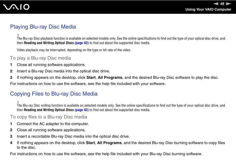 Playing blu-ray disc media, Copying files to blu-ray disc media | Sony VGN-TT250N User Manual | Page 49 / 228
