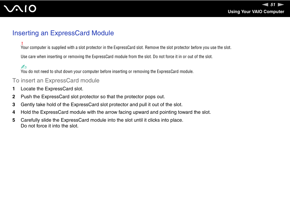 Inserting an expresscard module | Sony VGN-TT250N User Manual | Page 51 / 228