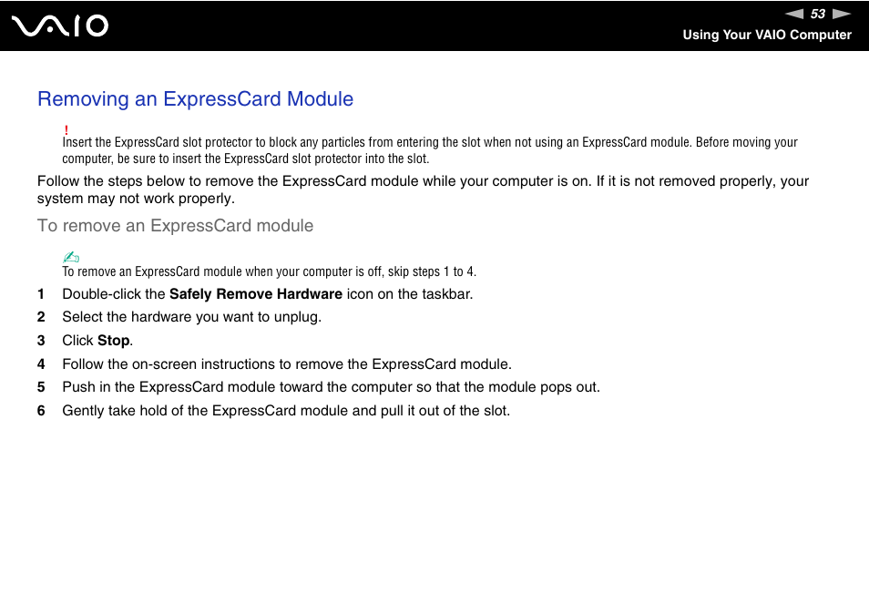 Removing an expresscard module | Sony VGN-TT250N User Manual | Page 53 / 228