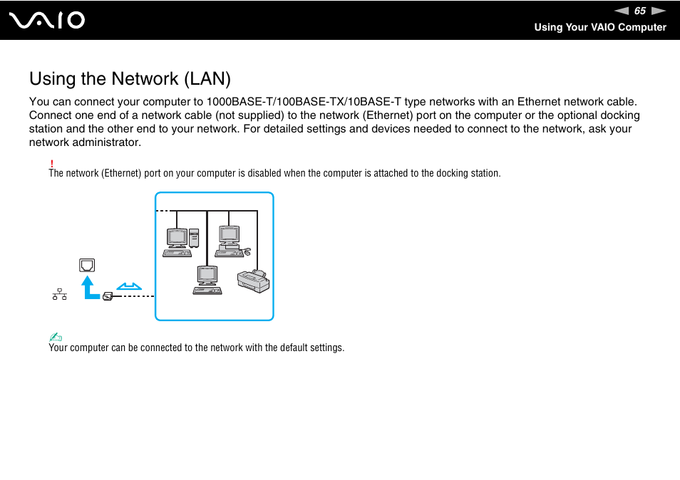 Using the network (lan) | Sony VGN-TT250N User Manual | Page 65 / 228