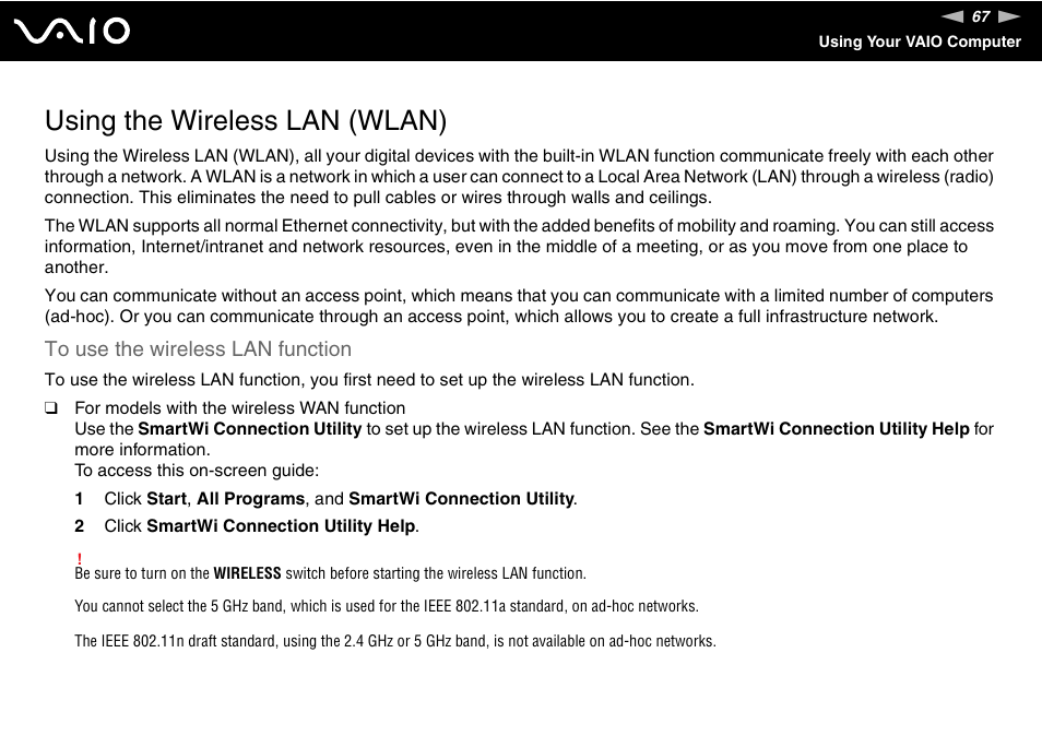 Using the wireless lan (wlan) | Sony VGN-TT250N User Manual | Page 67 / 228