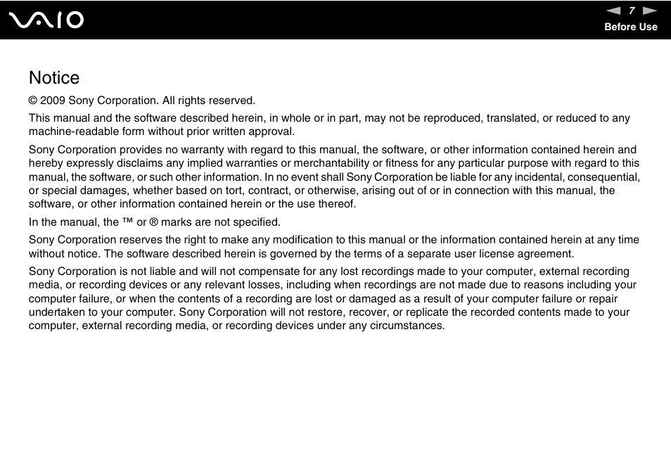 Notice | Sony VGN-TT250N User Manual | Page 7 / 228