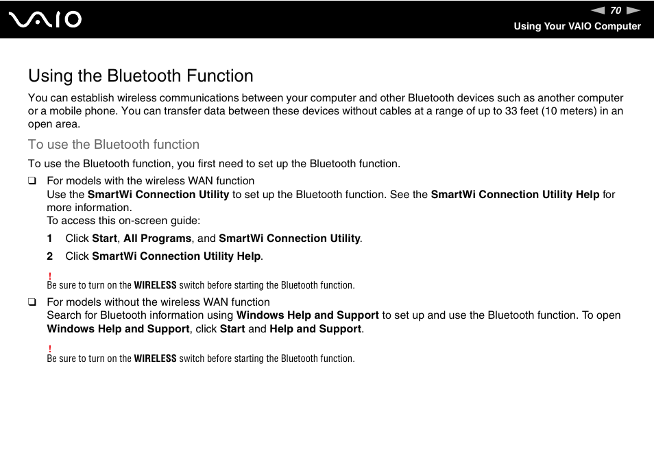 Using the bluetooth function, Tion | Sony VGN-TT250N User Manual | Page 70 / 228