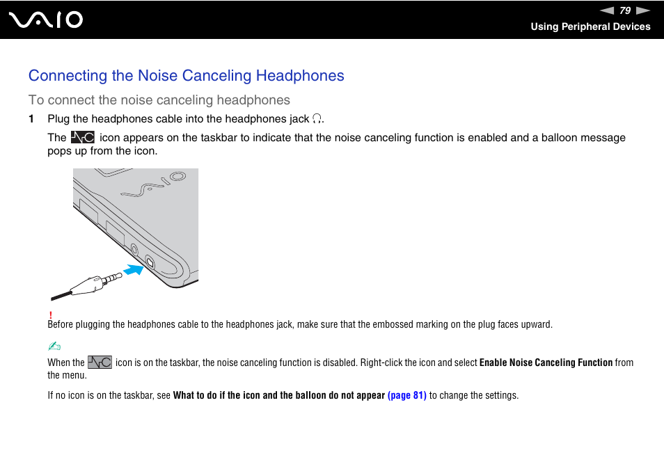 Connecting the noise canceling headphones | Sony VGN-TT250N User Manual | Page 79 / 228