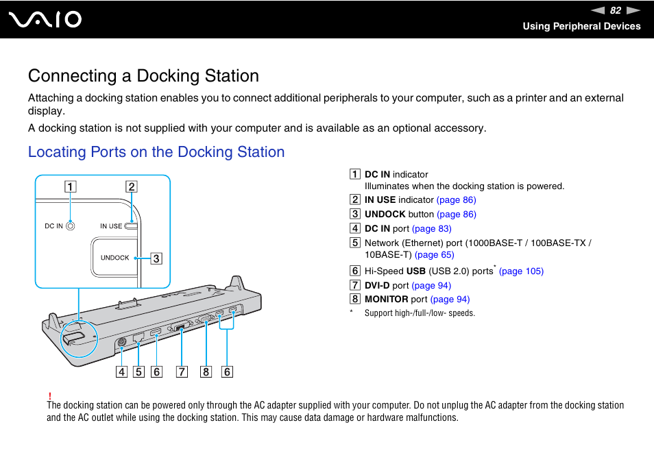 Connecting a docking station, Locating ports on the docking station | Sony VGN-TT250N User Manual | Page 82 / 228