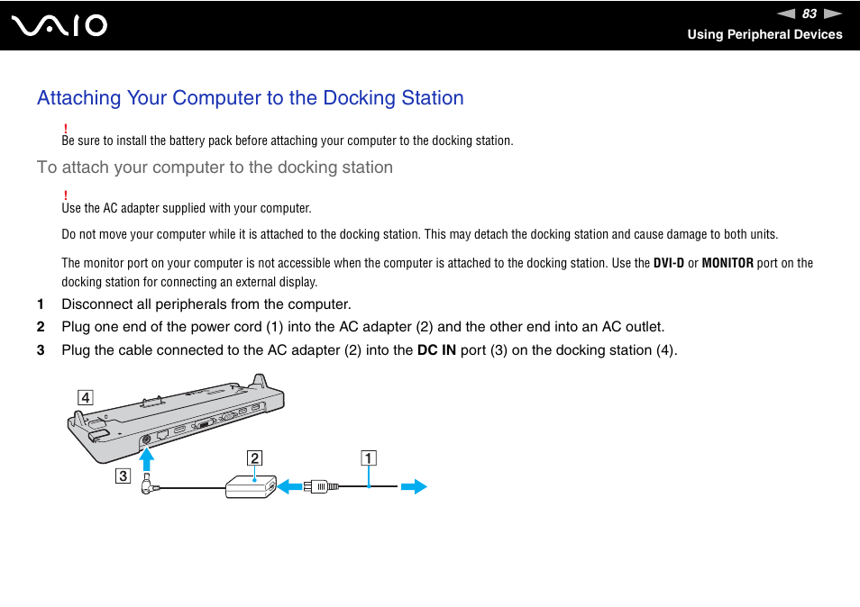 Attaching your computer to the docking station | Sony VGN-TT250N User Manual | Page 83 / 228