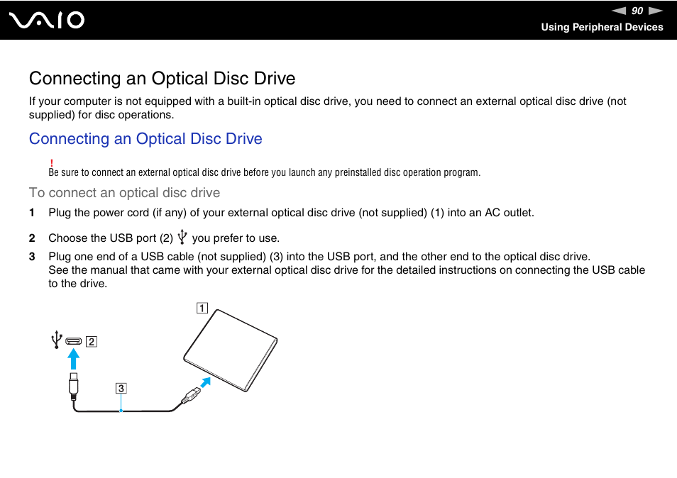 Connecting an optical disc drive | Sony VGN-TT250N User Manual | Page 90 / 228