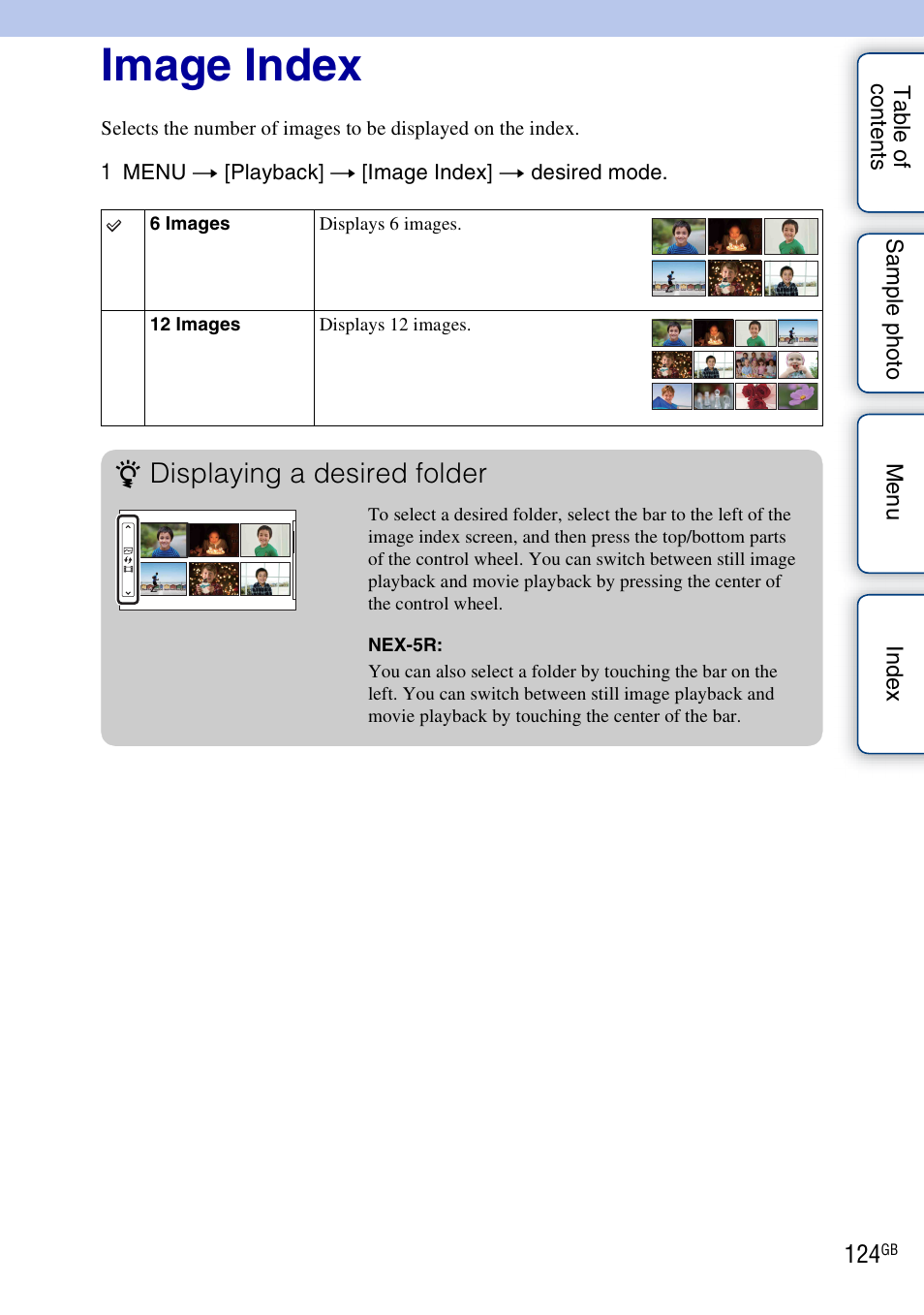 Image index, Displaying a desired folder | Sony NEX-5R User Manual | Page 124 / 247